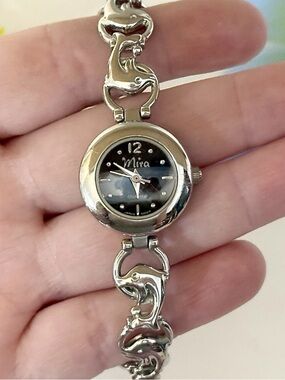 Vintage Mira Silver Dolphin Link Bracelet Watch WORKS!! Nautical Beach Fashion